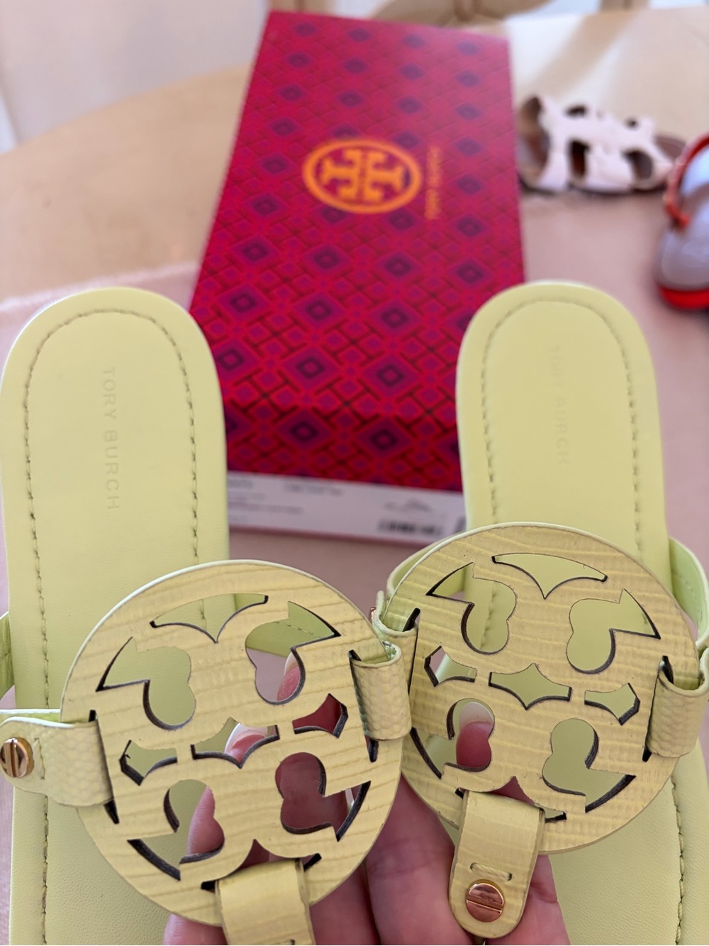 Tory Burch Miller Sandals Lime Leaf size 7 with Gold Accents - Picture 4 of 6